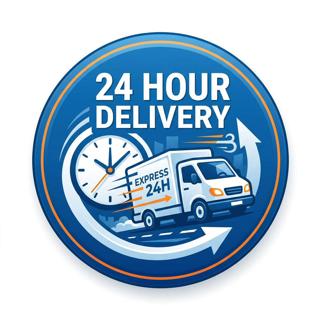 24 hour delivery badge with clock and express delivery truck